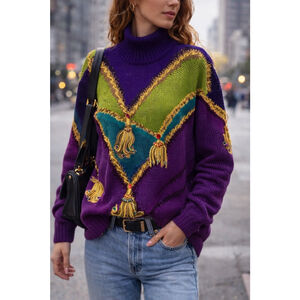 Vintage 80s Linda Allard Ellen Tracy Multicolor Chunky Knit Mock Neck Sweater M